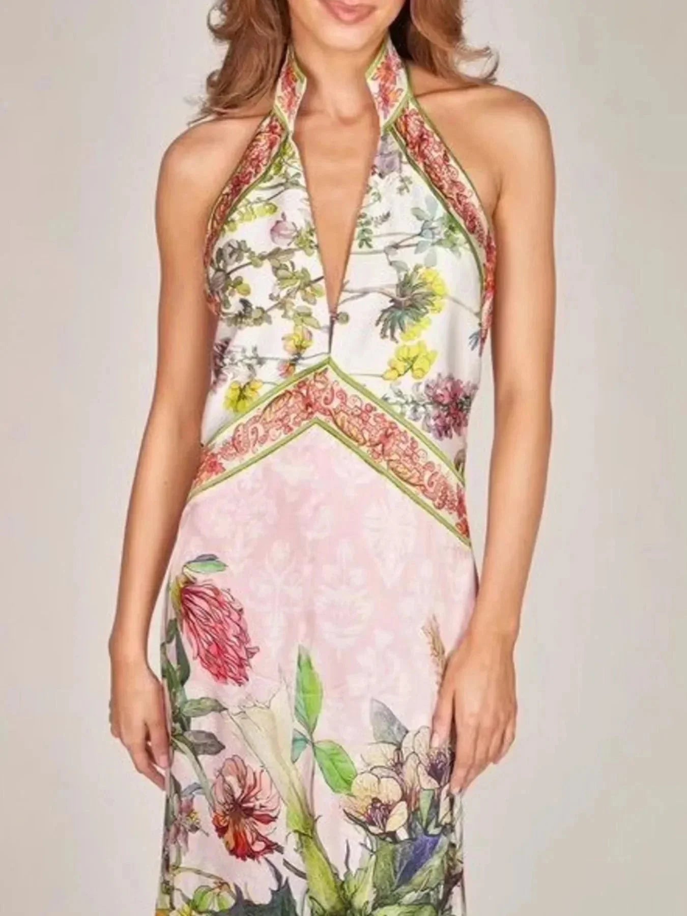 Printed Halter Neck Backless Maxi Dress - VILLA FASHION